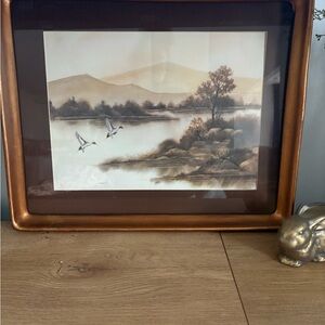 🖼️ Vintage F. Massa Framed Watercolor Print – Ducks in Flight Over Lake